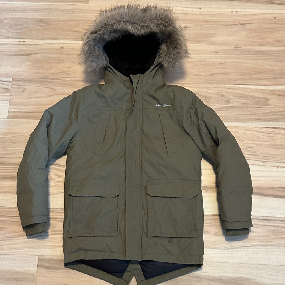 Eddie Bauer Green Puffer Jacket with Faux Fur Hood Kids 7/8